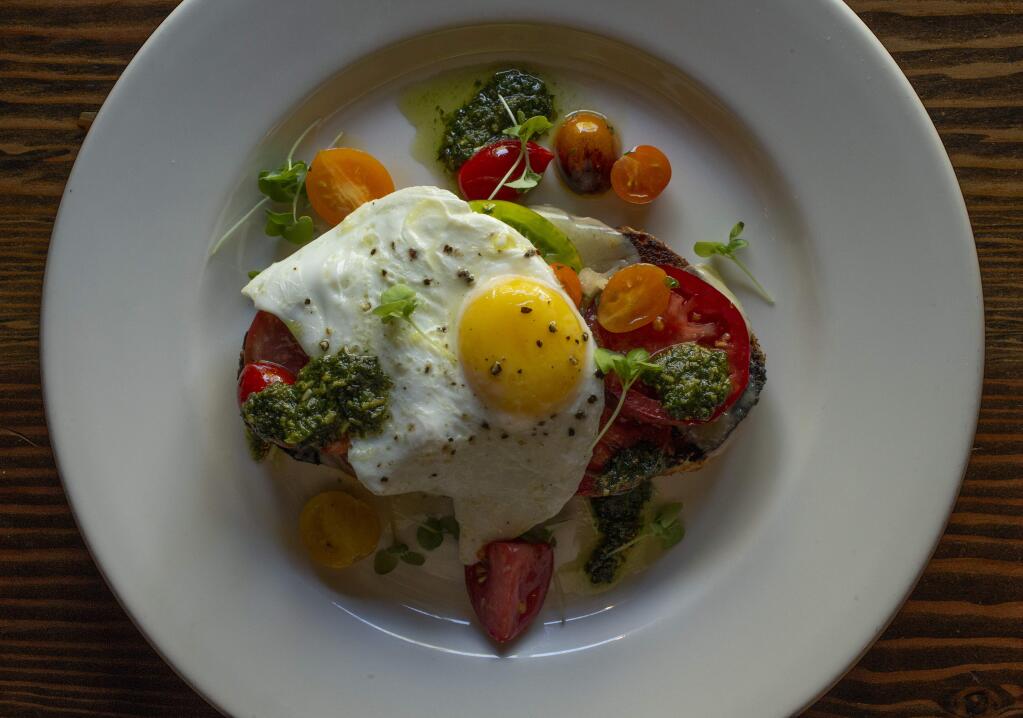 Tomato and Gruyere Bruschetta with Egg from the Harvest Moon Cafe on the square in Sonoma. (photo by John Burgess/The Press Democrat)
