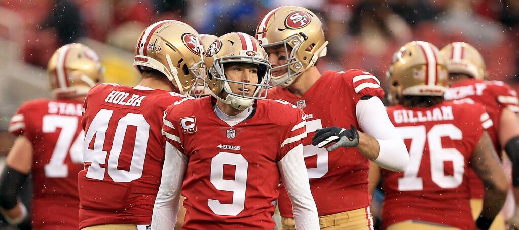 Robbie Gould of the 49ers kicked several field goals, including the game winner, during San Francisco's win over Seattle, Sunday, Dec. 16, 2018 in Santa Clara. (Kent Porter / The Press Democrat)