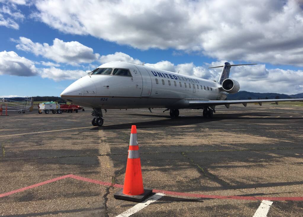United Airlines' first roundtrip flight from Denver to Charles M. Schulz-Sonoma County Airport in Santa Rosa touched down early Friday afternoon, March 8, 2019. (KEVIN FIXLER/ PD)