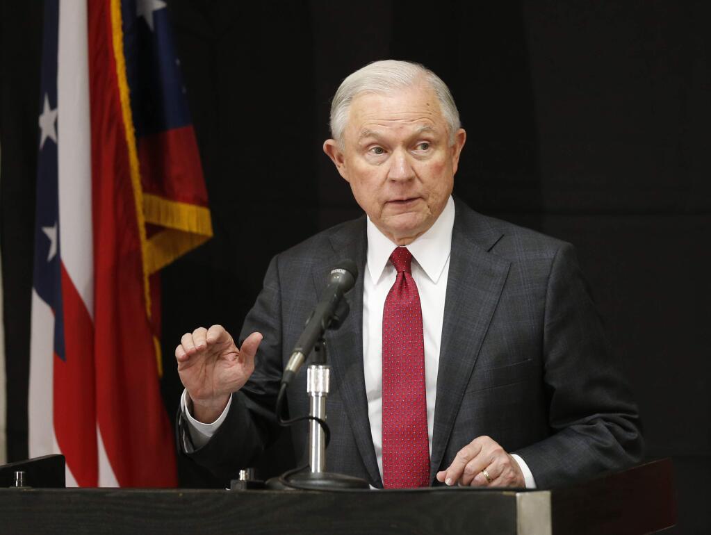 FILE - In this Aug. 2, 2017 file photo, Attorney General Jeff Sessions speaks in Columbus, Ohio. Sessions moved Thursday, Aug. 3, 2017, to again punish so-called sanctuary cities, this time threatening to deny federal crime-fighting resources to four cities beset by violence if they don't step up efforts to help detain and deport people living in the country illegally. (AP Photo/Jay LaPrete, File)
