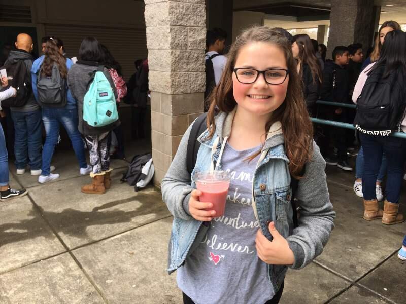 Taylor Owen, shown last year at Altimira Middle School, enjoyed a fruit smoothie as part of her mid-morning break.