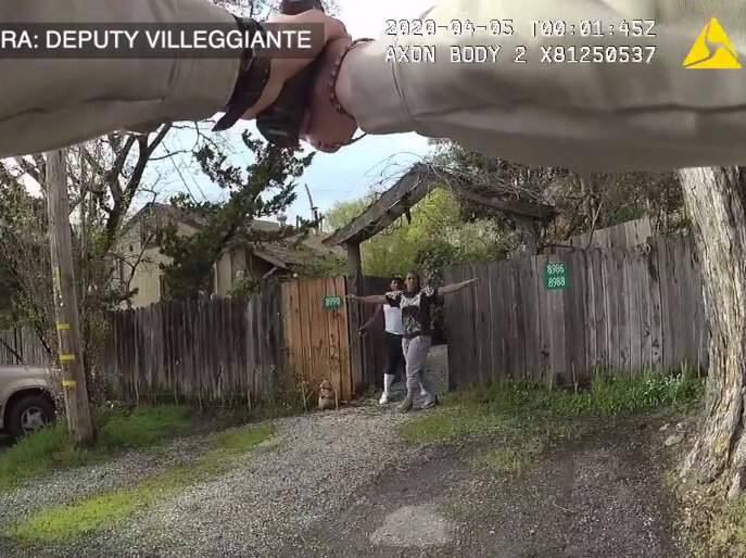 A screenshot from a Sonoma County sheriff's deputy body-cam footage showing moments before the arrest of Jason Anglero-Wyrick of Graton on Saturday, April 4, 2020. (Sonoma County Sheriff's Office)