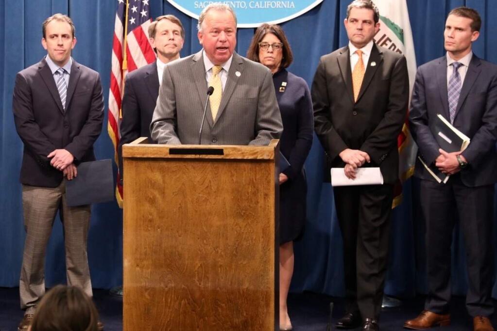 Senator Dodd discusses the introduction of his bill at a press conference in Sacramento on Tuesday, Jan. 16, 2018. Also pictured (L to R): Assemblymember Marc Levine (D-San Rafael), Insurance Commissioner Dave Jones, Assemblymember Cecilia Aguiar-Curry (D-Winters), Assemblymember Jim Wood (D-Healdsburg), and Senator Mike McGuire (D-Healdsburg). (COURTESY PHOTO)
