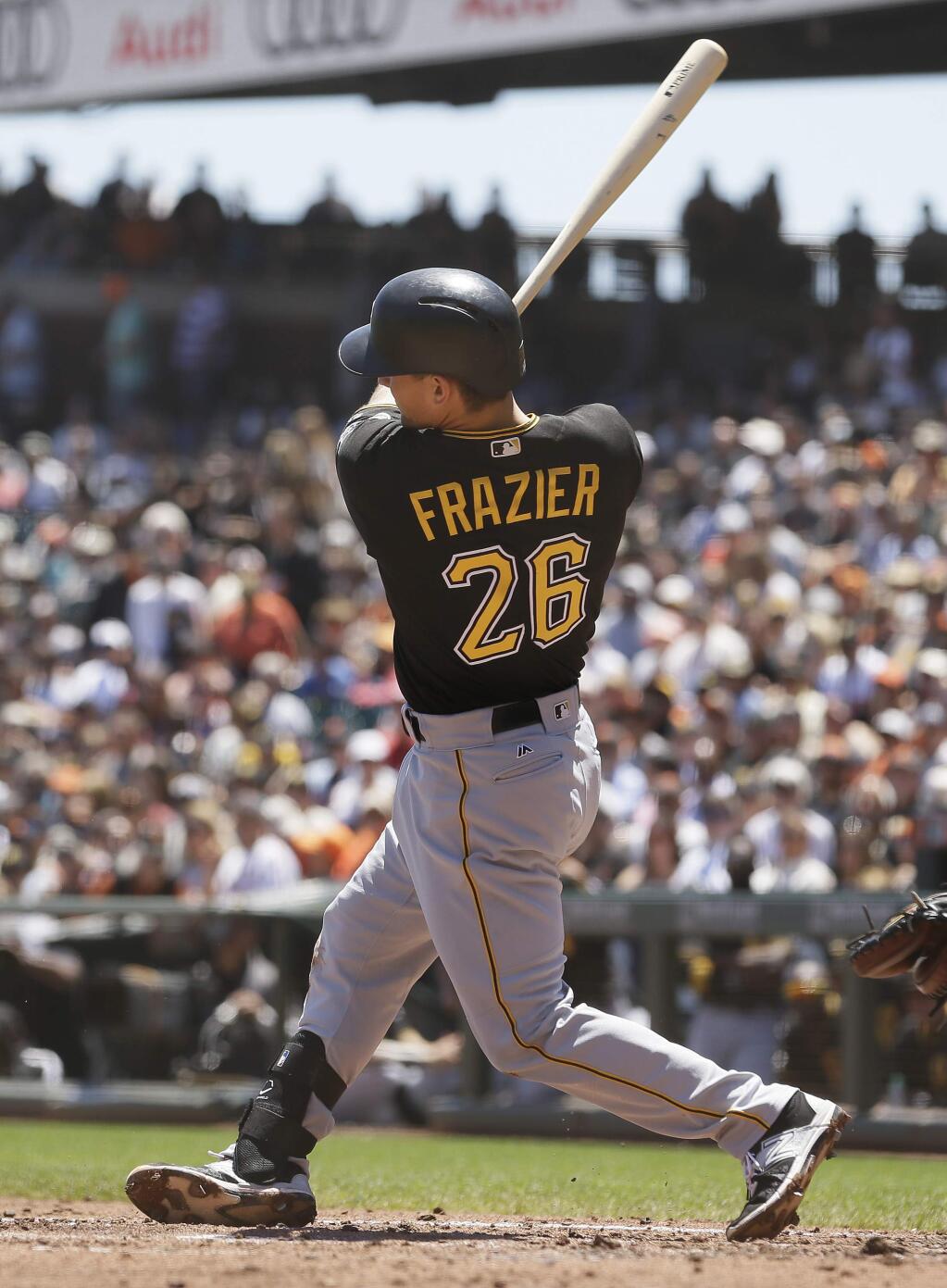 Pittsburgh Pirates' Adam Frazier hits an RBI double to deep right field off San Francisco Giants starting pitcher Jeff Samardzija in the second inning of a baseball game Wednesday, July 26, 2017, in San Francisco. (AP Photo/Eric Risberg)