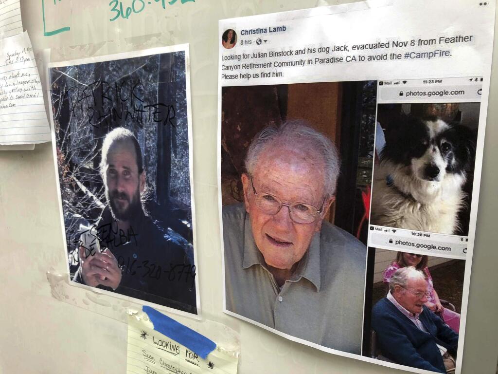 FILE - In this Nov. 13, 2018 file photo, messages are shown on a bulletin board at The Neighborhood Church in Chico, Calif., as evacuees, family and friends search for people missing from the northern California wildfire. Northern California officials have struggled to get a handle on the number of missing from the deadliest wildfire in at least a century in the United States. Authorities continue to log hundreds of reports by people who couldn't reach loved ones in the aftermath of the Camp Fire in Butte County. (AP Photo/Gillian Flaccus, File)