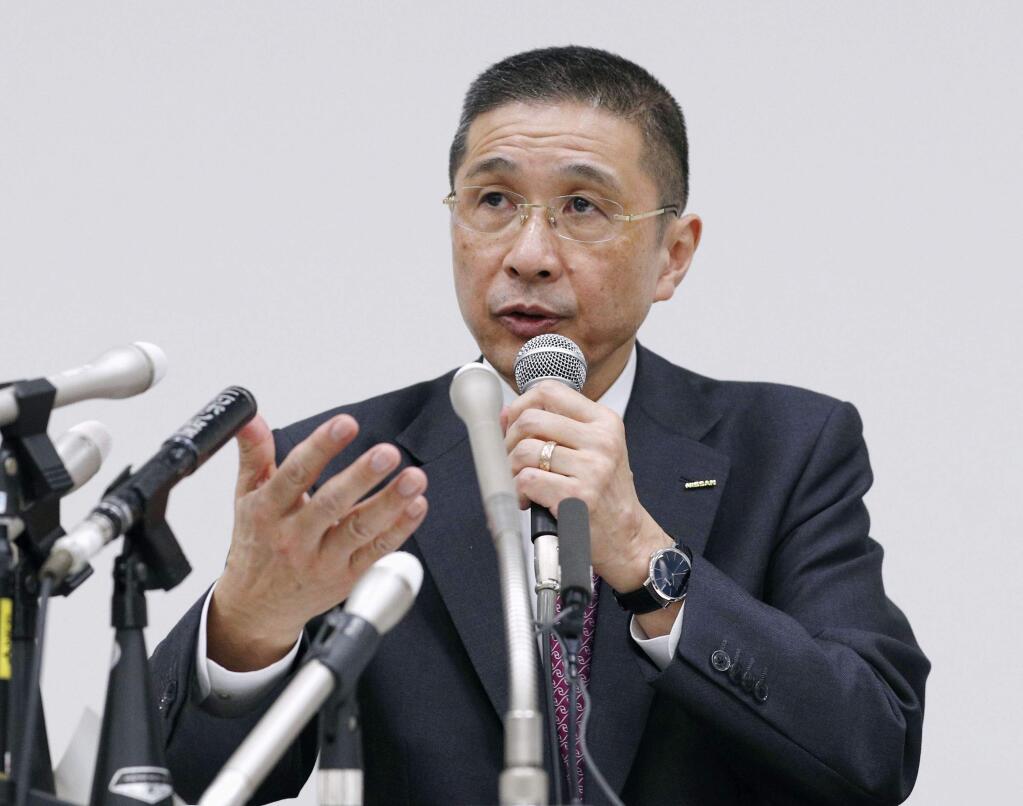 Nissan Motor Co. President and Chief Executive Officer Hiroto Saikawa speaks during a press conference at Nissan Motor Co. Global Headquarter Monday Nov. 19, 2018 in Yokohama, near Tokyo. Nissan Motor Co.'s high-flying chairman Carlos Ghosn is to be dismissed after the company said an internal investigation found he under-reported his income by millions of dollars and engaged in other 'significant misconduct.' (Kyodo News via AP)/Kyodo News via AP)