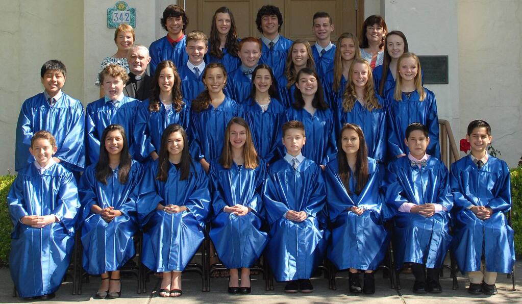 Submitted photoSt. Francis graduates include, front row, from left, Marco Della Santina, Galilea Botello, Adriana Macaulay, Alison Perkins, Alexander Kirley, Andrea Evans, Cristian Hernandez and Arturo Fernandez. Second row from left, Angelo Lansang, Connor Havlek, Danielle Rodriguez, Audrey Castillo, Paige Raffo, Madeline Welsome, Elizabeth Moore and Margaret Pecha. Third row from left, Fr. Michael Kelly, Jack Craig, Tanner Rozema, Emily Hengehold, Olivia Herrick and Georgia Latno. Back row from left, teacher Katie Sawicki, Tyler Garrett, Julia Sangiacomo, Trent Garrett, Luigi Albano-Dito and Principal Debbie Picard
