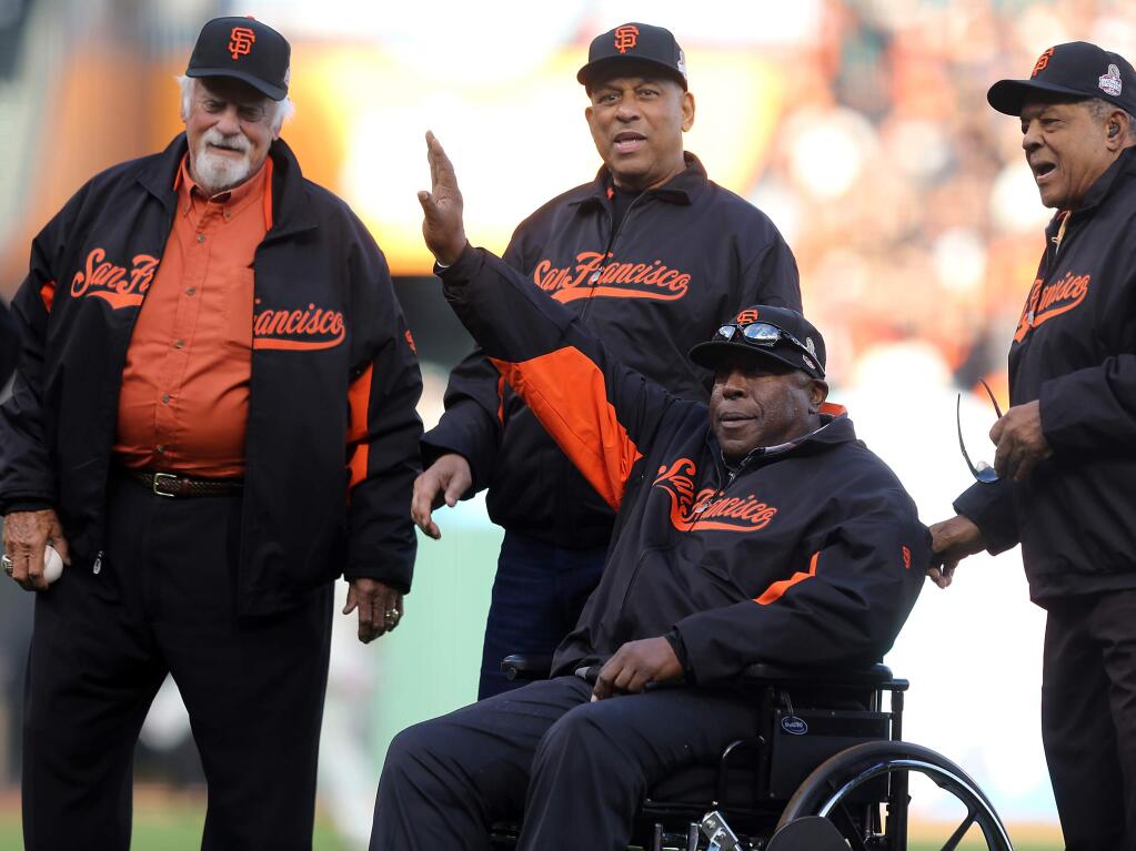 Former San Francisco Giants players Gaylord Perry, Orlando Cepeda, Willie McCovey, and Willie Mays take the field before the game against the Detroit Tigers during Game 1 of the World Series in San Francisco on Wednesday, Oct. 24, 2012. (CHRISTOPHER CHUNG/ PD FILE)