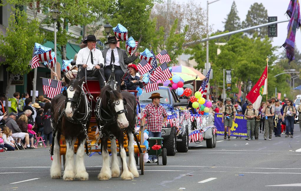 Neil Shepard and his Clydesdale horses at the 68th annual Apple Blossom Festival along Main Street in Sebastopol on Saturday, April 12, 2014. (PD FILE)