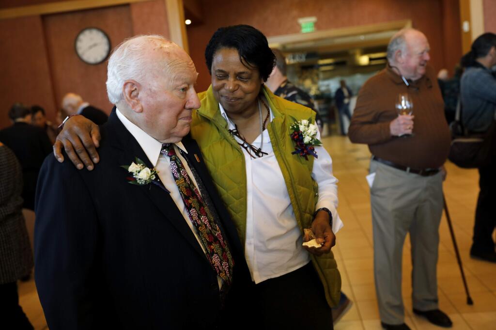 'Pasta King' Art Ibleto, left, and Evelyn Cheatham, founder of Worth Our Weight, were honored during the 3rd annual SRJC Wine Classic at the Bertolini Student Center of the Santa Rosa Junior College campus in Santa Rosa, on Sunday, Feb. 12, 2017. (BETH SCHLANKER/ The Press Democrat)