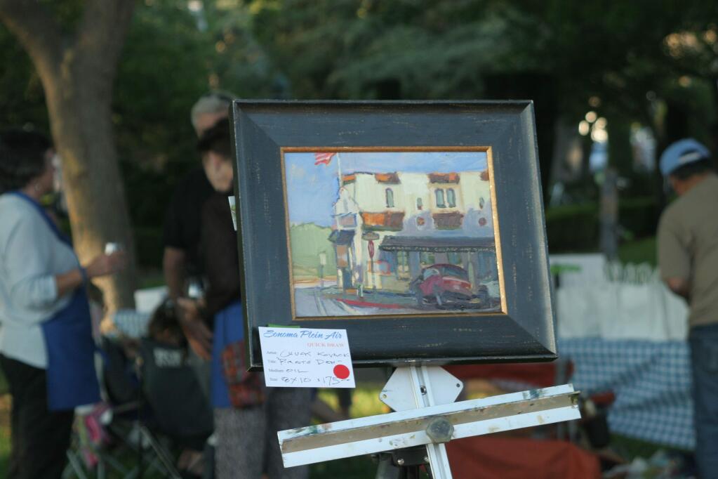 Chuck Kovack's art on display in the Sonoma Plaza in 2016. The Plein Air event raises funds for art education for Sonoma Valley students. (Christian Kallen/Index-Tribune)