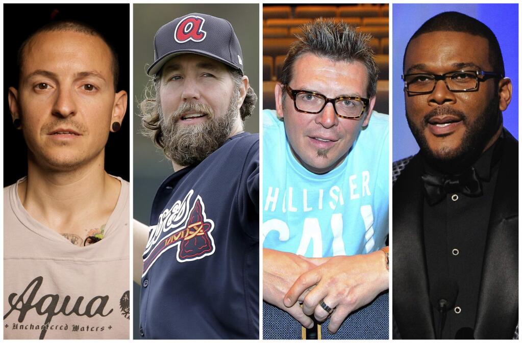This combination of 2008-2017 photos shows Linkin Park co-lead vocalist Chester Bennington, Atlanta Braves pitcher R.A. Dickey, former NHL star Theo Fleury and film director Tyler Perry. They are among the male celebrities who have disclosed they were victims of sexual abuse. (AP Photo)