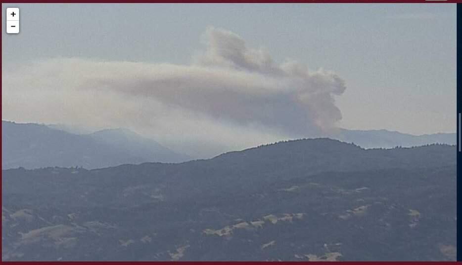A screengrab showing smoke from a fire burning near Moose Road in southern Mendocino County on Monday, Aug. 12, 2019. The image was taken by a remote fire camera. (Alert Wildfire)