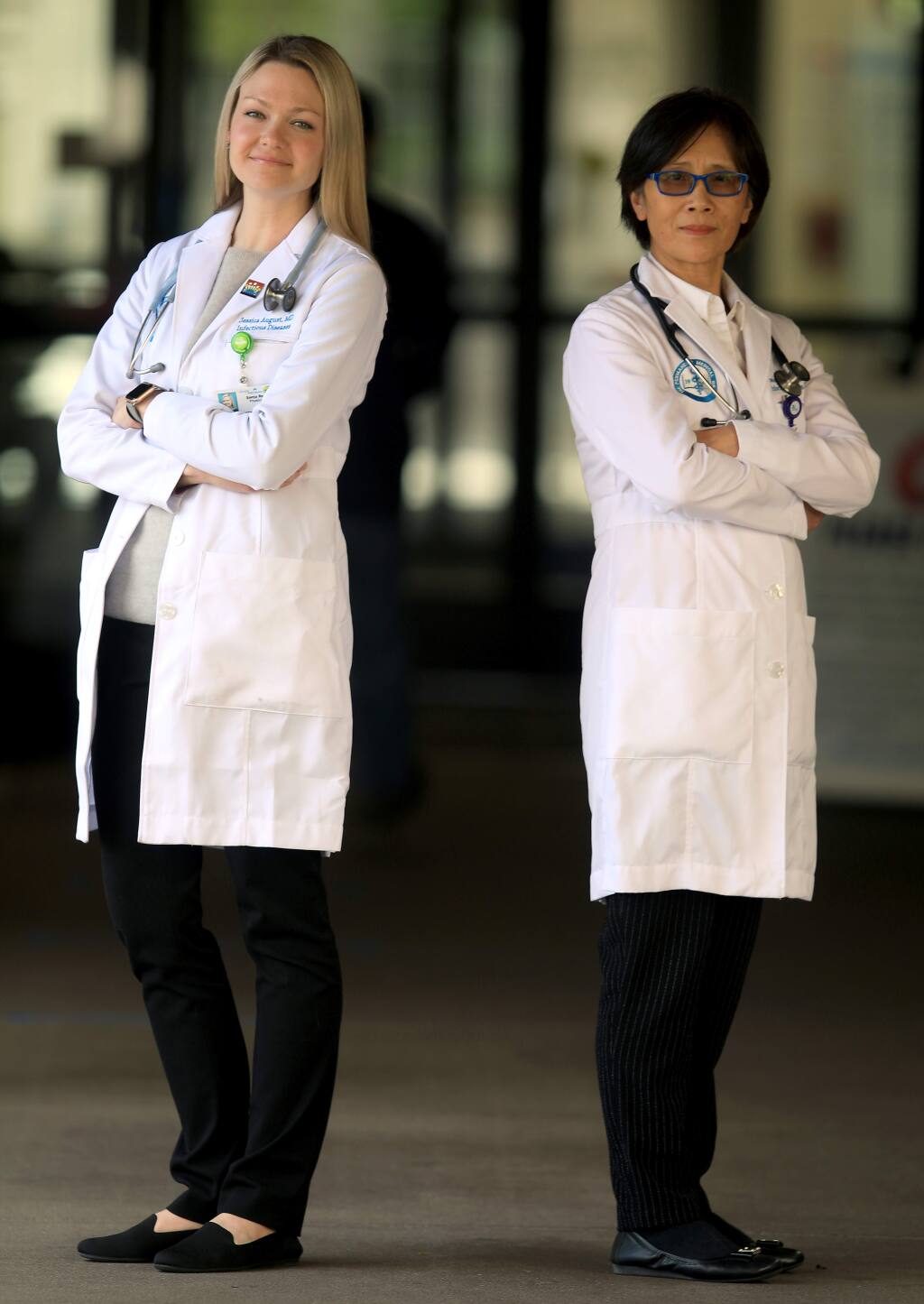 Kaiser Hospital's infectious disease specialists, Drs. Jessica August, left, and Shu Yang, Tuesday, March 31, 2020 in Santa Rosa. (Kent Porter / The Press Democrat) 2020