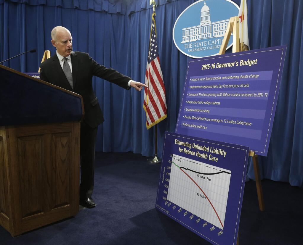 RICH PEDRONCELLI / Associated PressGov. Jerry Brown outlines his proposed 2015-16 state budget at a news conference Friday in Sacramento.