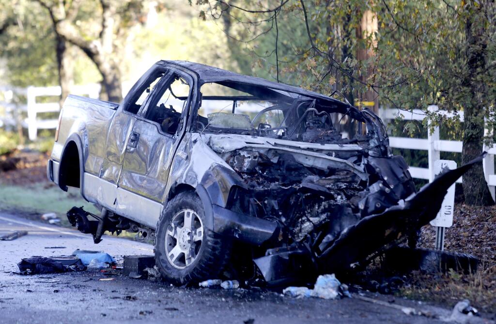 A pickup truck involved in a head on collision on Highway 12 that killed a woman driver and critically injured her child, on Tuesday, Nov. 14, 2017. (BETH SCHLANKER/ The Press Democrat)