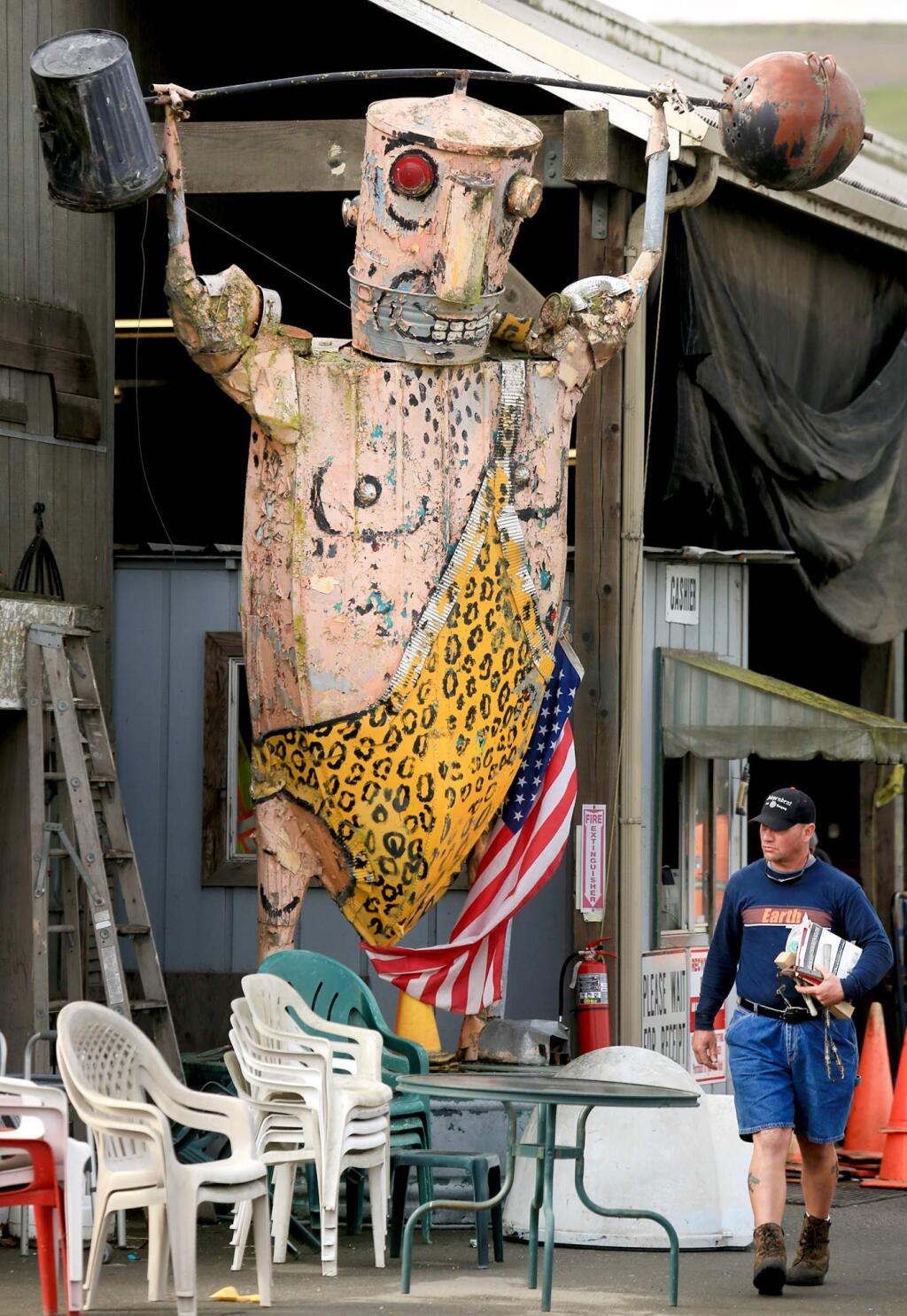At Recycletown at the Central Landfill off Mecham Road west of Cotati, Monday Dec. 28, 2015, a statue, created from recycled material by Patrick Amiot, is an iconic part of the drop-off site. (Kent Porter / Press Democrat) 2015