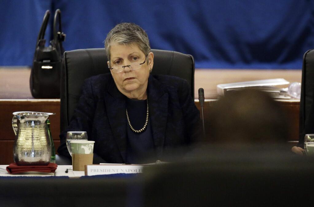FILE - In this May 18, 2017 file photo, University of California President Janet Napolitano listens as State Auditor Elaine Howle gives a presentation during a meeting of the University of California Board of Regents in San Francisco. Top advisers Napolitano improperly interfered in a state audit to tone down critical comments from campus administrators about the president's office, an investigation ordered by the UC regents found. The investigation finds that officials in the president's office instructed UC campuses not to 'air dirty laundry' to the state auditor, according to the San Francisco Chronicle, Wednesday, Nov. 15, 2017,, which reviewed the report ahead of its public release on Thursday. (AP Photo/Eric Risberg, File)