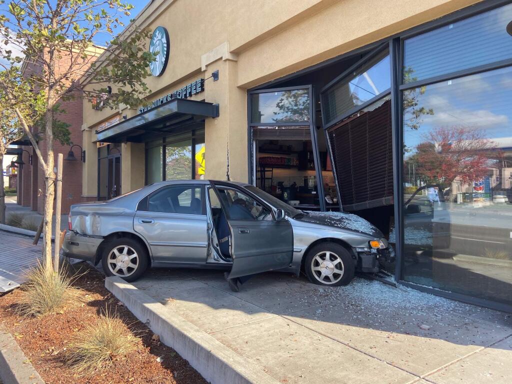 A car crashed into the Starbucks on East Washington Street in Petaluma on Friday, Nov. 15, 2019. Three people were injured, according to Petaluma firefighters. (Petaluma Police Department)