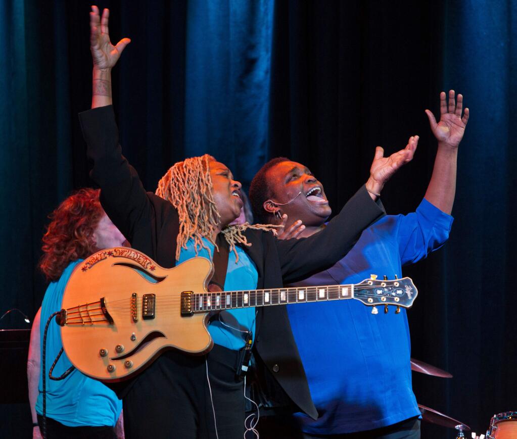 From left, Pamela Rose, Pat Wilder and Daria 'Shani' Johnson in Pamela Rose's 'Blues is a Woman' concert featuring music spanning the decades from the likes of Ma Rainey, Bessie Smith, Sister Rosetta Tharpe, Etta James, Janis Joplin and Bonnie Rait at the Raven Theater in Healdsburg on Saturday, Nov. 16, 2019. (RR JONES)