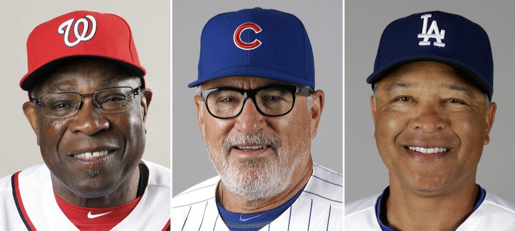 FILE - From left are 2016 file photos showing National League baseball managers Dusty Baker of the Washington Nationals, Joe Maddon of the Chicago Cubs and Dave Roberts of the Los Angeles Dodgers. Baseball's Manager of the Year in the AL and NL are awarded Tuesday, Nov. 15, 2016. (AP Photo/File)