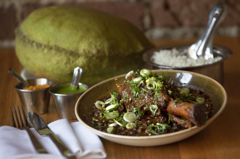 Smoked Lamb Shank with chickpeas and herbs with rice and avocado bhatura (a leavened fried bread) from Bollywood Bar & Clay Oven in downtown Santa Rosa. (photo by John Burgess/The Press Democrat)