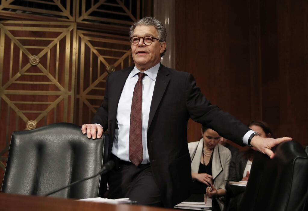FILE - This Nov. 29, 2017 file photo shows then Senate Health, Education, Labor and Pensions Committee member Sen. Al Franken, D-Minn., at a Senate Health, Education, Labor and Pensions Committee hearing on Capitol Hill in Washington. Franken, who resigned his U.S. Senate seat in 2017 amid sexual misconduct charges, will re-emerge into the public sphere on Saturday when he starts a new weekly radio show on the SiriusXM satellite service. (AP Photo/Carolyn Kaster, File)
