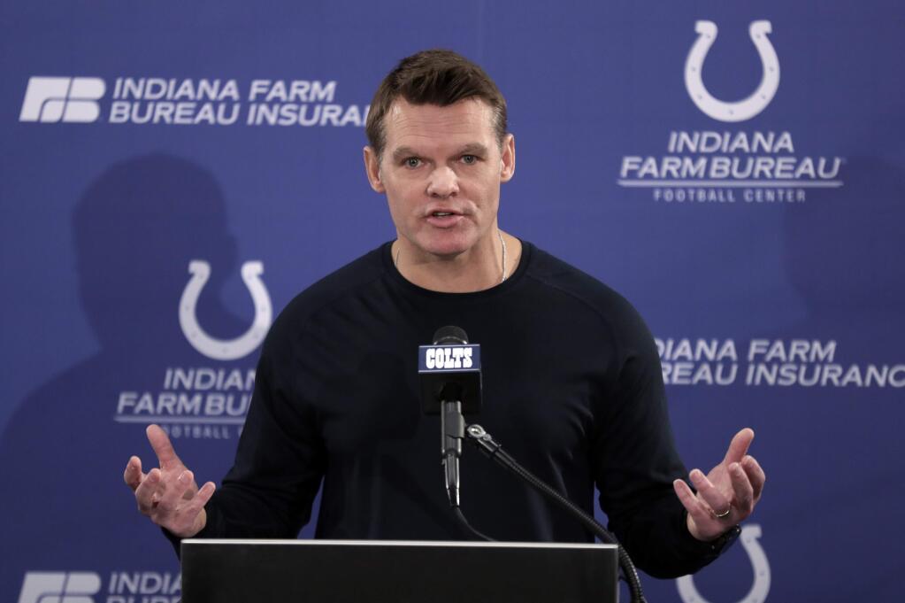 Indianapolis Colts general manager Chris Ballard answers questions during a press conference at the team's practice facility in Indianapolis, Wednesday, Feb. 7, 2018. (AP Photo/Michael Conroy)