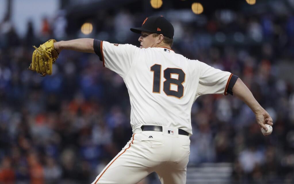 San Francisco Giants starting pitcher Matt Cain throws to the Los Angeles Dodgers during the first inning of a baseball game, Monday, April 24, 2017, in San Francisco. (AP Photo/Marcio Jose Sanchez)