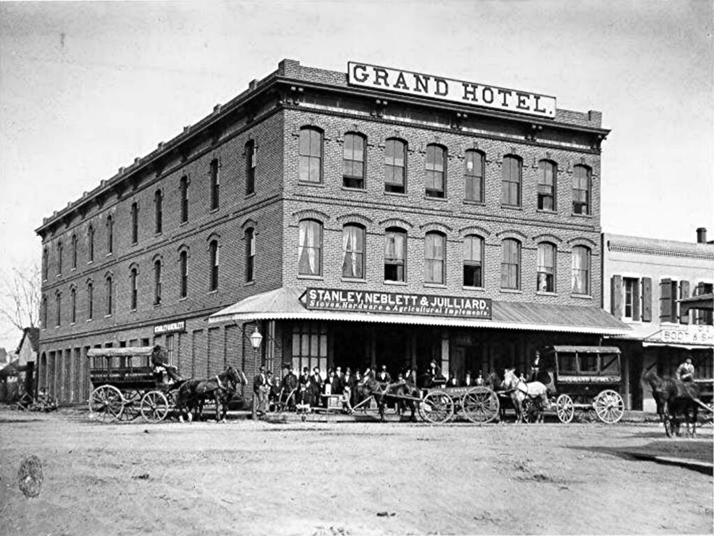 The Stanley, Neblett and Juilliard store at the corner of Main and Third streets, in a 1875 photograph by Joseph Henry Downing. The store advertised stoves, hardware and agricultural implements. (Courtesy Sonoma County Library)