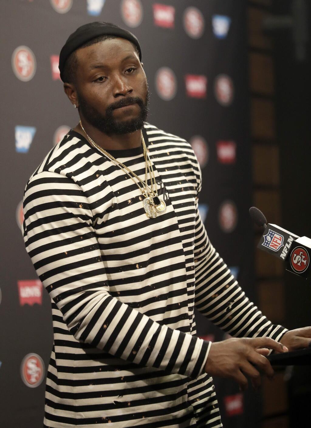 San Francisco 49ers linebacker NaVorro Bowman speaks at a news conference after a game against the Los Angeles Rams in Santa Clara, Monday, Sept. 12, 2016. (AP Photo/Marcio Jose Sanchez)