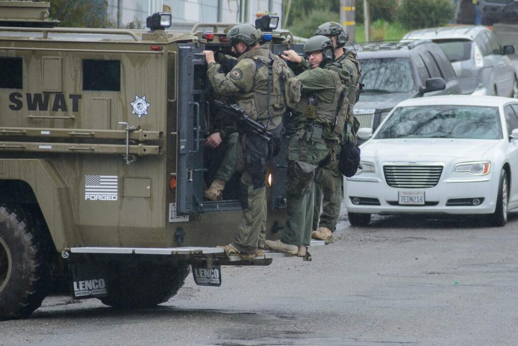Members of the Sonoma County Sheriff's Office SWAT team arrive at Salmon Creek Road to handle a domestic dispute in Bodega on Sunday, Feb. 19, 2017. (Photo courtesy of Jerry Dodrill)