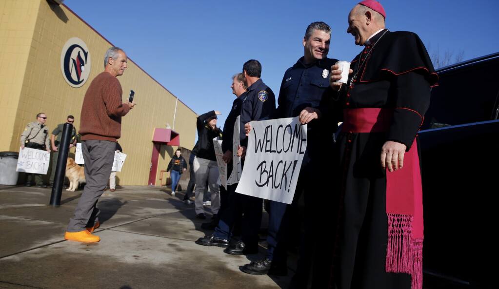 Students were welcomed back to Cardinal Newman High School in Santa Rosa on Monday, Jan.22, 2017, three months after the Tubbs fire destroyed part of the campus. (BETH SCHLANKER/ PD)