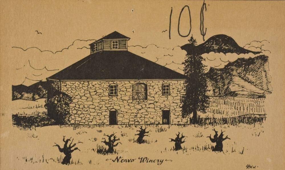 A postcard of the Frank Nervo Winery in Healdsburg. Frank Nervo Jr. constructed the iconic stone winery building located between Healdsburg and Geyserville in 1908. The Nervo family operated the business until 1972 when the property was sold to Schlitz Brewing. The Trione family bought the property in 1982 and operated it as Canyon Road Winery. They restored the building and reopened it as a tasting room in 2009. (Courtesy of the Sonoma County Library)