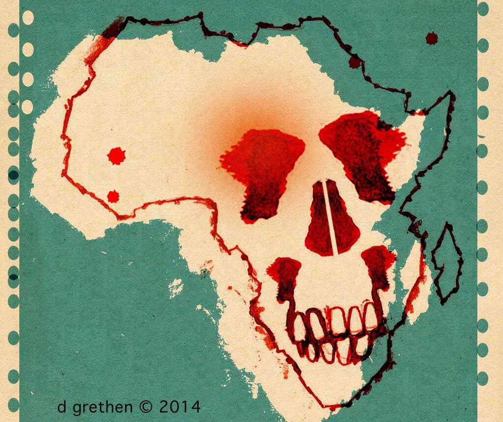 This artwork by Donna Grethen relates to the Ebola outbreak in Africa.