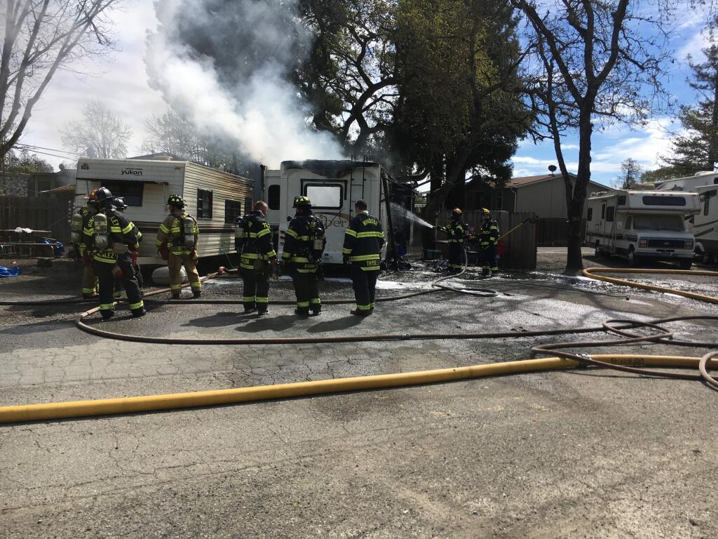 Windsor and Rincon Valley firefighters responded to a fire that destroyed a motorhome and travel trailer at the Windsor Wine Country RV Park on Conde Lane Saturday.