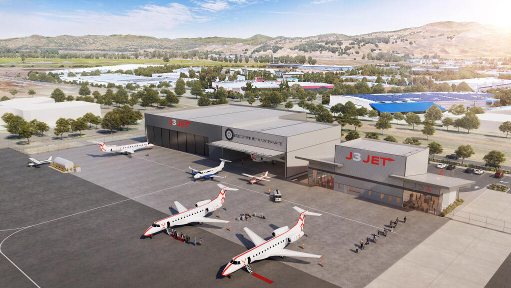 If successful this fall in winning a ground lease for where Japan Airlines trained pilots over four decades at Napa County Airport, J3 Jet plans to spend around $20 million on its fixed-base operation there, including the JSX terminal shown in this architectural rendering.  (courtesy of J3 Jet)
