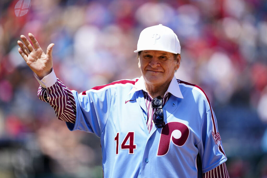 Former Philadelphia Phillies player Pete Rose during an alumni day event before a baseball game between the Phillies and the Washington Nationals, Sunday, Aug. 7, 2022, in Philadelphia. (AP Photo/Matt Rourke)