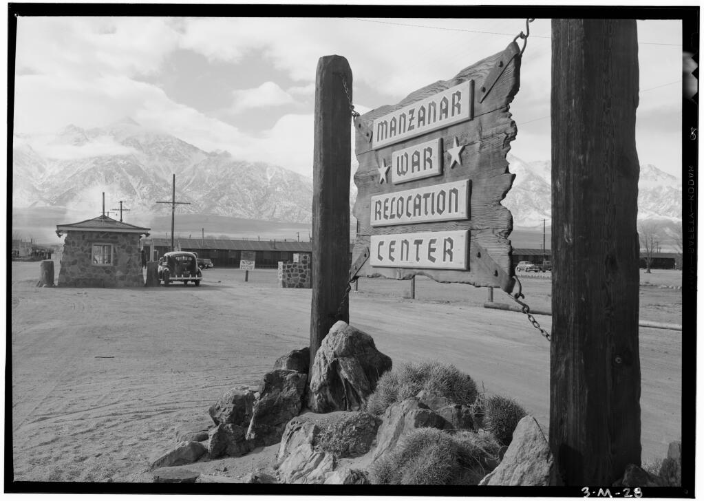 The entrance to the Manzanar internment camp. (ANSEL ADAMS / Library of Congress)