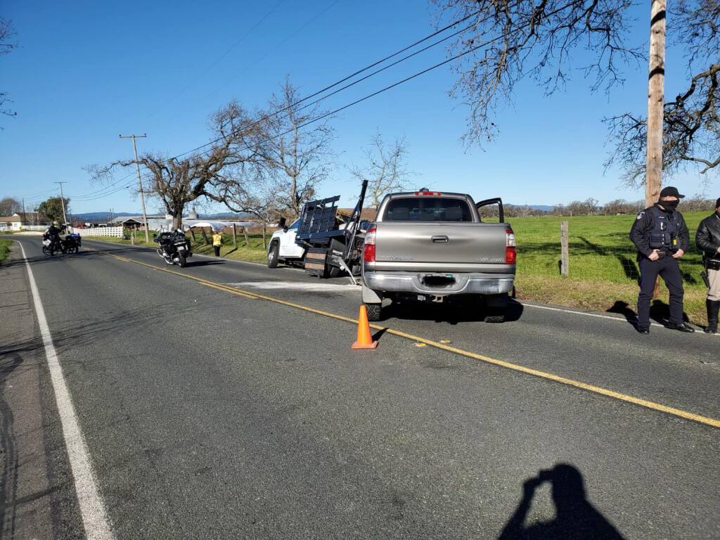 A suspected drunken driver crashed into a Recology waste hauling truck on the outskirts of Santa Rosa on Wednesday, Feb. 2, 2022, according to the California Highway Patrol. (CHP Santa Rosa / Facebook)