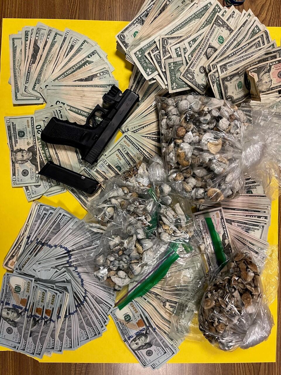 Santa Rosa Police Department detectives found about one pound of mushrooms, a loaded pistol, and $18,000 in a Rohnert Park man’s possession after serving a search warrant Monday, May 8, 2023. (Santa Rosa Police Department)