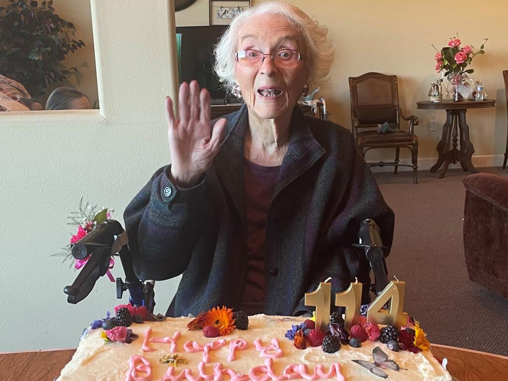 Edie Ceccarelli of Willits shown at her 114th birthday party in 2022. (Courtesy photo)
