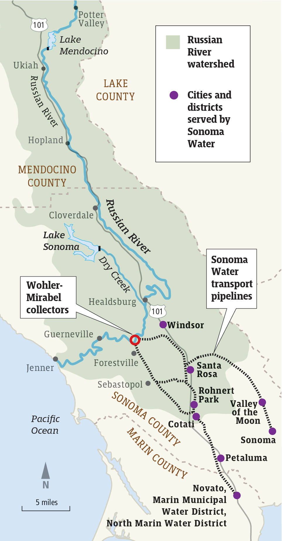 The Russian River watershed, which runs through Mendocino and Sonoma counties, supplies water to cities and towns along the river as well as to cities and districts served by the Sonoma Water. Source: Sonoma Water (Dennis Bolt / For The Press Democrat)
