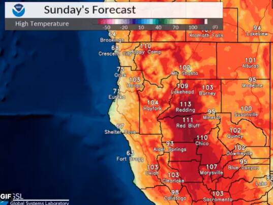 The incoming heat wave is expected to peak on Sunday, with a high of 103 degrees predicted for Clear Lake. (NWS Eureka/Twitter)