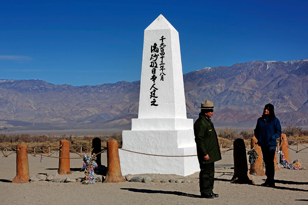 A monument marks the cemetery at Manzanar National Historic Site, where thousands of Japanese Americans were incarcerated during World War II. (IRFAN KHAN / Los Angeles Times)