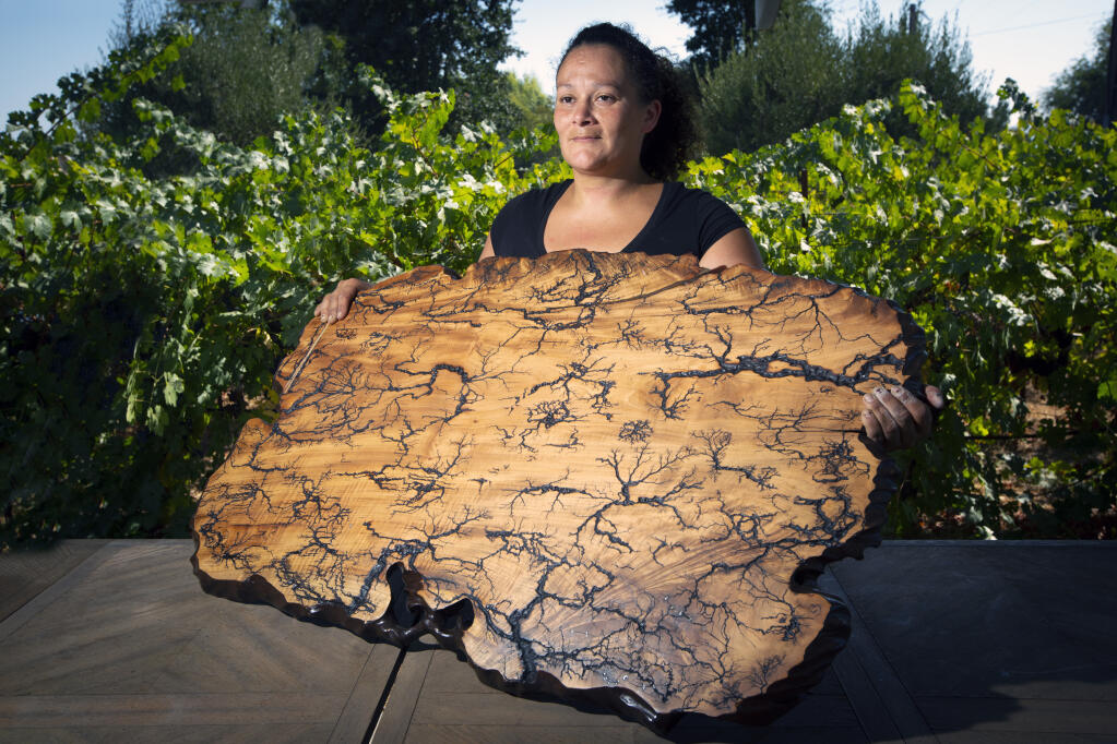 Artisan Maria Colin with one of her finished pieces, in Sonoma on Saturday, Sept. 4, 2021. (Photo by Robbi Pengelly/Index-Tribune)
