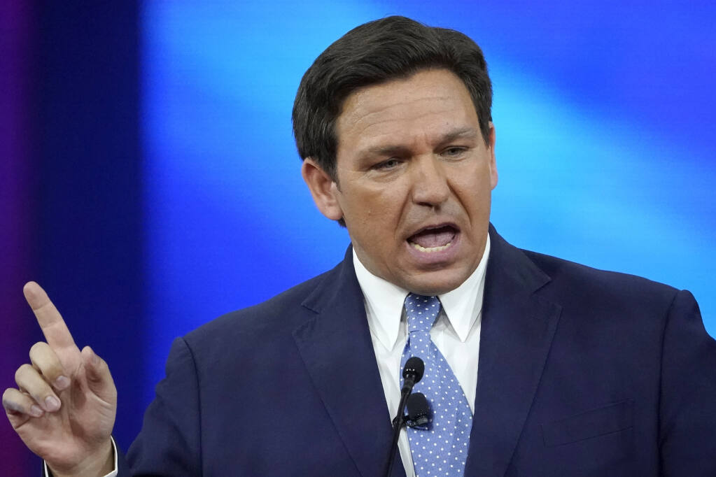 FILE - Florida Gov. Ron DeSantis speaks at the Conservative Political Action Conference (CPAC), Feb. 24, 2022, in Orlando, Fla. DeSantis has filed a declaration of candidacy for president, entering the 2024 race as Donald Trump's top GOP rival. (AP Photo/John Raoux, File)