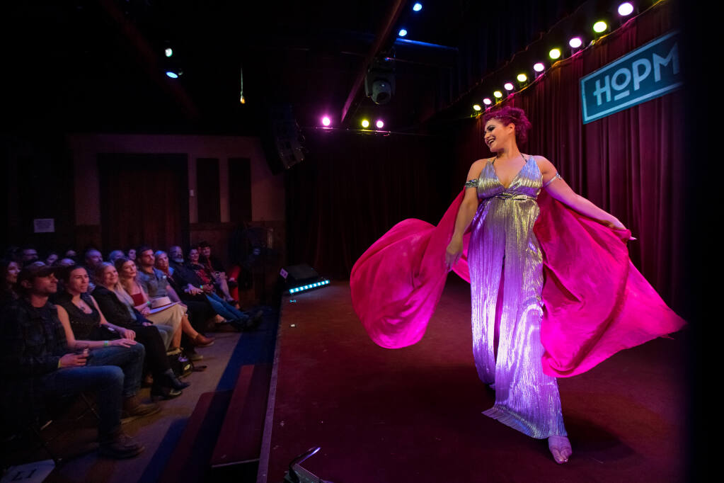 An audience watches the burlesque performance called "Whole Lotta Love" (a valentine to Led Zeppelin) presented by ShowGirl Temple and Juke Joint, at the HopMonk Tavern in Sebastopol, Calif., on Saturday Feb. 12, 2022. (Darryl Bush / For The Press Democrat)