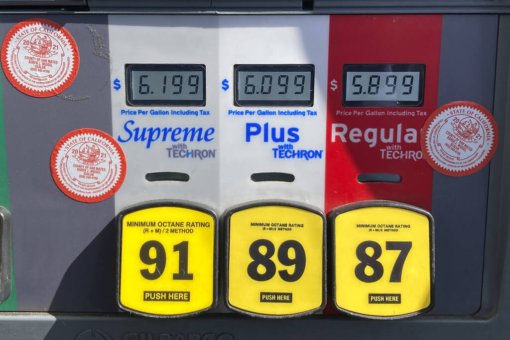 Prices are shown at a gas station's pump in South San Francisco, Calif., Wednesday, March 9, 2022. (AP Photo/Jeff Chiu)
