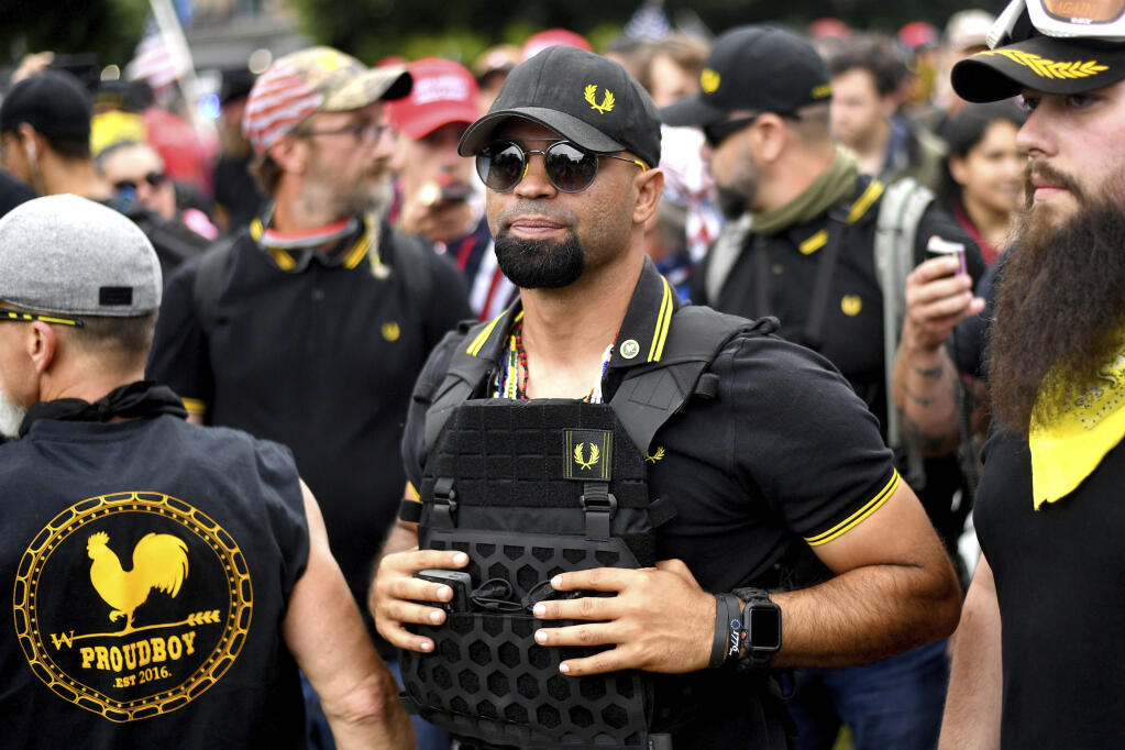 Proud Boys chairman Enrique Tarrio rallies in Portland, Ore., on Aug. 17, 2019. A federal jury is scheduled to hear a second day of attorneys’ closing arguments in the landmark trial for former Proud Boys extremist group leaders charged with plotting to violently stop the transfer of presidential power after the 2020 election.(AP Photo/Noah Berger, File)